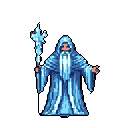 A robed wizard with a flowing beard and a hooded robe stands centrally, holding an ornate staff topped with a crystal. The figure is rendered in shades of blue, white, and grey with a dark grey background.