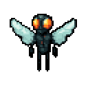 Anthropomorphic fly-like creature with large orange eyes, dark grey body, and translucent blue-grey wings, standing upright against a solid red background.