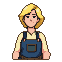 Pixelated blonde-haired character in light shirt and dark blue overalls, with subtle animation shifts in mouth and eyebrows.