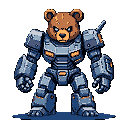 A bipedal robot with a brown bear's head, clad in blue-gray armor with orange-yellow accents, stands centrally against a black background.