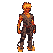 Pixelated figure with spiky blonde hair performing a jump kick, wearing dark textured clothing with orange and yellow motion accents.