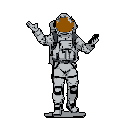 Astronaut in a gray and white spacesuit with a reflective orange visor, standing with arms outstretched. The left hand gestures upwards, and the right hand holds a small dark rectangular device. The figure is centered against a dark gray background.