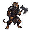 Tiger warrior in dark armor gripping a battle axe, poised for combat.