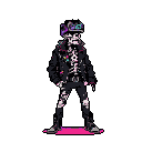Standing pixelated skeleton in a black leather jacket, white shirt, dark trousers, and shoes. It faces left, with its right hand in its pocket and its left arm relaxed. A colorful, patterned cap sits on its head. A small pool of magenta pixels is on the dark gray ground below its feet.