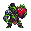 Green-skinned orc with pointed ears and tusks, holding a large red strawberry like a shield.