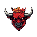 Bull's head wearing a golden crown, with fierce red hide and grey horns, against a dark grey background.