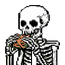 A pixel art skeleton clutches a vibrant, glowing orange heart (or soul) within its ribcage, creating a striking contrast against a desaturated olive green backdrop. The image blends macabre with intrigue, evoking themes of life, death, and the essence of being.