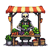 Skeletal vendor in green apron and bone-motif shirt behind a market stall with striped awning, displaying tomatoes, grapes, oranges, and leafy greens. A carrot hangs from a wooden post.