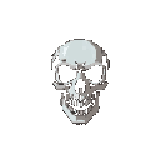 Monochromatic pixel art of a human skull, facing forward and slightly tilted down, with empty eye sockets, nasal cavity, and visible teeth against a black background.