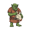 Green-skinned troll with rough tunic and belt grips a struggling chicken.