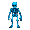 A spectral, cyan skeleton dances with fluid, jaunty movements on a black background.