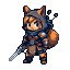 A fox-like adventurer, rendered in charming pixel art, stands ready for a quest with sword in hand and a large sack slung over its shoulder. The warm orange hues of the character pop against the cool, muted tones of its cloak and armor.