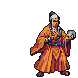 Martial artist in orange robe and white head covering in a powerful, low kicking stance.