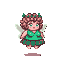 Chibi fairy with pink hair adorned with green leaves, wearing a green top and a skirt of dark green leaves. She has pale pink skin, translucent off-white wings, and floats against a muted reddish-brown background.