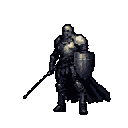 A pixelated knight stands ready for battle, spear in hand and shield emblazoned with a cross, radiating a sense of medieval duty and strength. The muted color palette and detailed pixel art add to the somber yet powerful atmosphere.