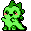 A small, luminous green creature with large dark eyes, rosy cheeks, and a spiky crest sits with arms outstretched, tail extended, bobbing gently.