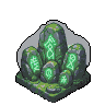 Isometric pixel art collection of mystical artifacts: moss-covered standing stones with green runes, a blue energy dagger, a swirling blue liquid orb in stone, an etched metallic gauntlet, and a leather-bound tome crackling with yellow lightning.