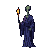 A cloaked, grey-headed figure with an elongated head stands in a pixelated void, holding a flickering torch in a gentle, swaying posture.