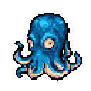 This charming pixel art features a bright blue octopus swimming playfully against a reddish-pink backdrop. With its curled tentacles and wide-open eye, the vibrant creature exudes a whimsical and cute vibe.