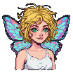 Pixel art pixie with blonde hair, green eyes, freckles, and iridescent butterfly wings, smiling.