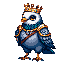 A regal pigeon, rendered in charming pixel art, strikes a noble pose while adorned with a golden crown and armor. The image evokes a sense of whimsical royalty, blending the bird's natural charm with majestic attire.