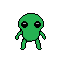 A small, bright green alien with a large, bulbous head and thin limbs dances with bent legs and slightly extended arms.