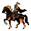 A fiery pixel art knight on a rearing, flame-wreathed steed commands attention, their dark armor ablaze with vibrant energy. This powerful image evokes a sense of mythical warfare and formidable strength.