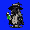 Pixel Art: A raven trning into a plague doctor from 17th century with the raven mask holding a green potion and cheering in chibi style (generated with AI by Zywen Dryad).