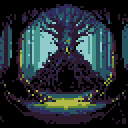 Dark, stylized forest clearing illuminated by pale greenish-yellow light, with tall, slender tree shapes and a large gnarled form looming overhead. Small glowing cyan and yellow-green pixels are scattered along the path.