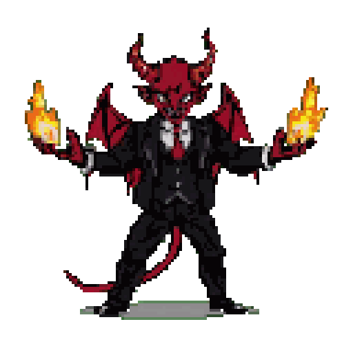 A devilishly charming pixel art creature in a sharp suit showcases its fiery power, holding a ball of fire in each hand. With red skin, horns, and bat-like wings, this mischievous figure exudes a playful yet authoritative vibe.