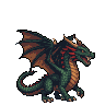 A low-profile, dark green pixel art dragon with an orange underbelly and reddish-brown wings, its head turned to the side with teeth bared.