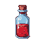 This pixel art image showcases a vibrant red potion bottle, sealed with a cork, rendered in a simple yet evocative style. The cool blue glass contrasts with the blood-like liquid, creating a nostalgic fantasy item ready for adventure.