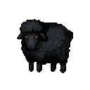 A black sheep with glowing red eyes, standing centrally on a dark gray background.