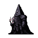 A stoic, heavily armored warrior with a tall, conical helmet stands against a plain grey background, holding a small, glowing pinkish-orange object in its left hand.