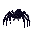 A pixelated spider, rendered in dark blues and purples, dominates the frame with its piercing white eyes and defensive stance. Poised and ominous against a muted background, the simple design evokes a sense of primal nature and quiet menace.