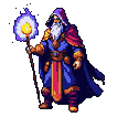 A robed wizard with a flowing white beard conjures a lion's head from crackling purple energy emanating from his staff.