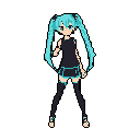 This pixel art features Hatsune Miku in a simple yet iconic pose, her turquoise pigtails and confident stance radiating digital charm. She stands against a neutral background, highlighting her signature colors and minimalist design.