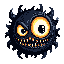 A dark, spherical monster with glowing yellow-orange eyes and a wide, toothy grin, emerging from a black background.