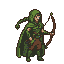 Lone ranger in a green hooded cloak and armor draws a bowstring, preparing to shoot an arrow.
