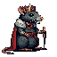 Regal anthropomorphic rat facing right in profile, wearing a golden crown, a crimson cape, and holding a dark staff.