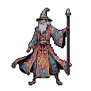 Elderly wizard with a long white beard, wearing ornate teal and orange robes, holding a short staff in his left hand and a tall dark staff in his right.