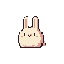 A squat, rounded, off-white rabbit with tall ears sits facing forward against a light salmon background. Its face has small black square eyes, a tiny pink "v"-shaped nose, and faint pink blushes.