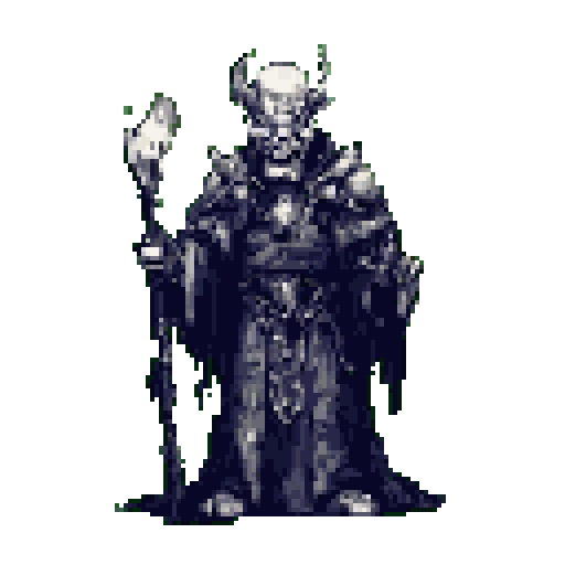 A menacing, heavily armored skeletal wizard dominates the scene, staff in hand, ready to unleash dark magic. This pixel art figure exudes power and dread with its horned skull and intricate, shadowy armor.