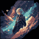 A young person with light spiky hair stands in dark clothing against a swirling cosmic backdrop of blues, purples, oranges, and pinks filled with twinkling stars.