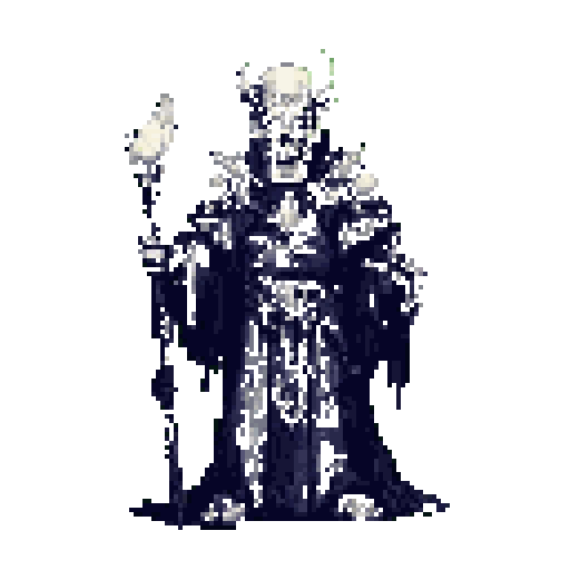 A menacing figure in skull-like armor and a horned headpiece stands holding a staff topped with a glowing ethereal object.