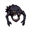 A squat, amorphous dark creature with spiky protrusions lunges forward, mouth wide open revealing sharp, pale teeth. Piercing yellow eyes with furrowed brows convey an angry expression. Slender, clawed arms extend forward.