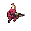Stylized pixel character in crimson and burgundy armor, facing right and holding a green and white sci-fi rifle. A bright yellow-white light emanates from its head. Dark purple background.