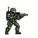 A pixel art soldier, rendered in muted military colors, stands ready for action with rifle in hand, conveying a sense of duty and combat readiness.