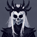 A crowned skeletal figure with flowing white hair dominates the scene, its dark clothing and grim visage creating a mysterious and eerie presence. This monochromatic pixel art evokes a sense of death and dark fantasy.