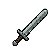 Monochromatic pixel art of medieval weapons: broadsword, spiked mace, double-headed axe, shield, and warhammer.